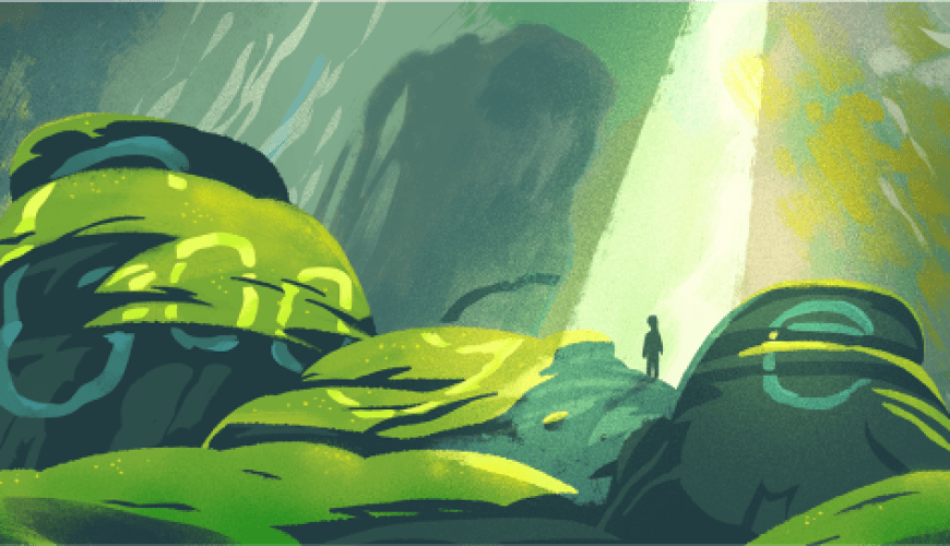 A screenshot from Google Doodle shows the image of a giant sinkhole deep inside Son Doong cave with illuminating sunlight on its homepage on April 14 2022.